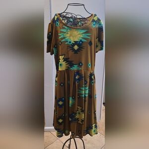 Brown Aztec-Print Midi Dress with Short Sleeves